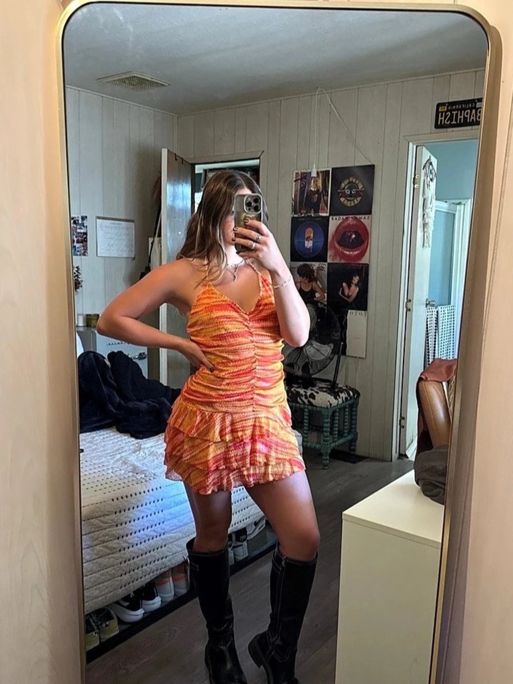 Wild Fable Ruched Strappy Mini Dress in Orange & Pink